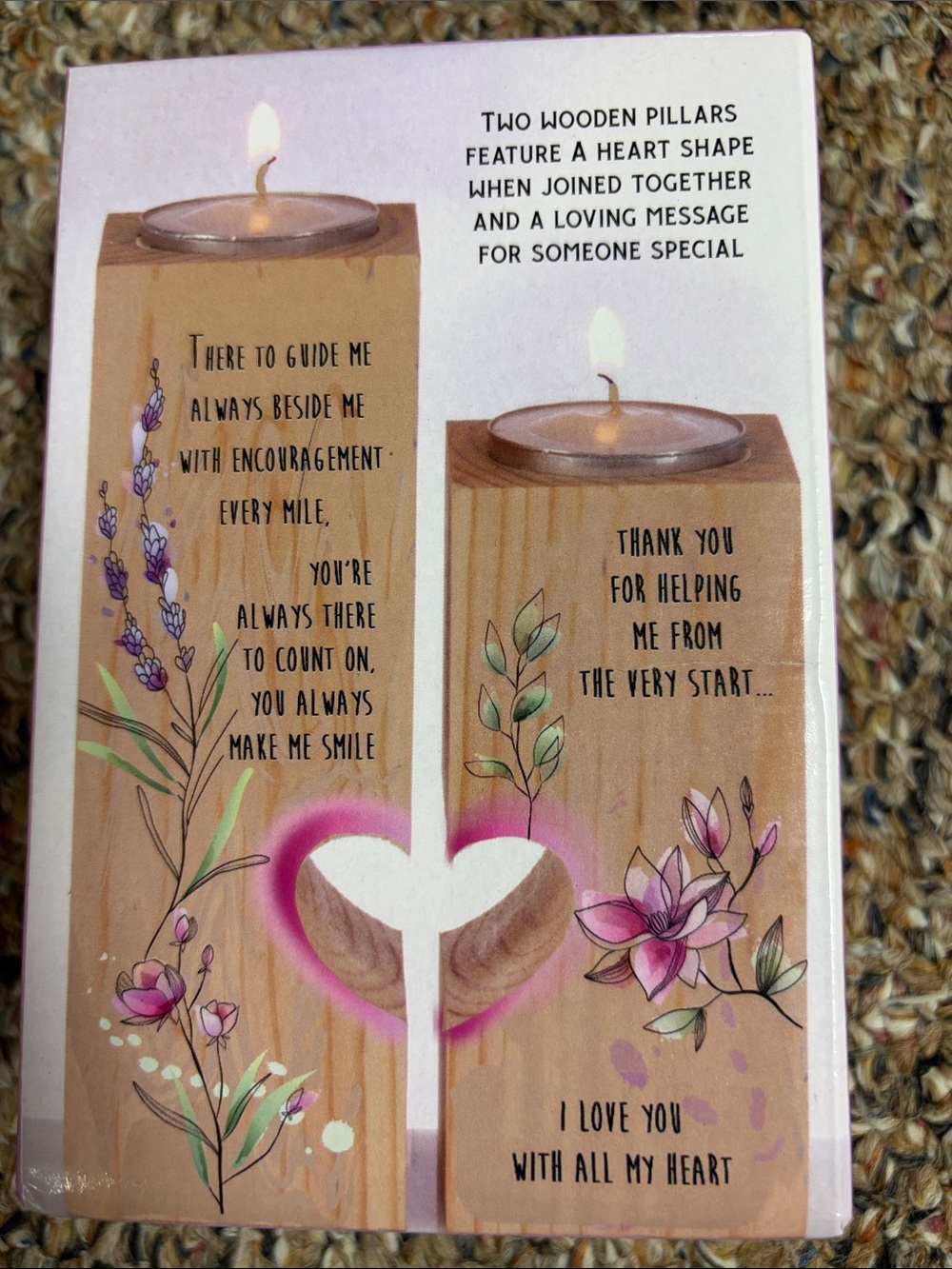 Wooden Heart Pillar Candle Holder Set - Lavender & Pink Floral